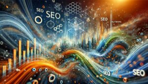 Abstrakte Darstellung der SEO Optimierung mit fließenden Datenströmen geometrischen Formen und vernetzten Knoten die Keywords Algorithmen und digitales Wachstum symbolisieren