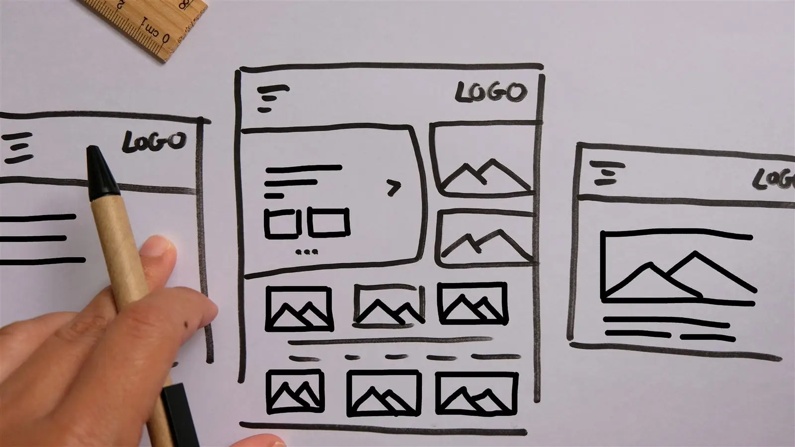 Hand skizziert mit Stift Website-Layouts auf Papier, Symbolbild für die Überarbeitung einer Website